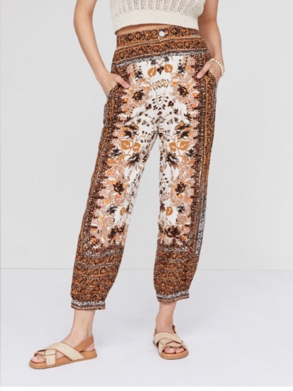 Anthropologie Floral Border Linen Blend Joggers Size 10 Cream & Brown